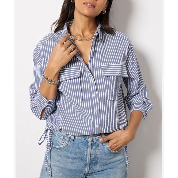 Evereve Louise Side Tie Shirt Button Front Striped Cotton - Picture 1 of 10